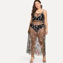 Romwe Plus Floral Embroidered Sheer Mesh Dress