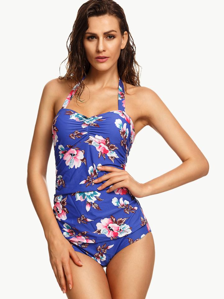Romwe Blue Flower Print Shirred One Piece Swimwear