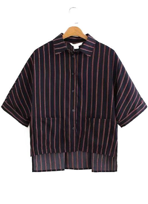 Romwe Lapel Dip Hem Vertical Striped Pockets Blouse