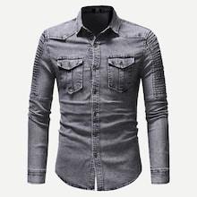 Romwe Men Shirred Detail Solid Denim Shirt