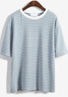 Romwe Round Neck Striped Loose Sky Blue T-shirt