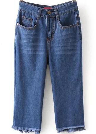 Romwe Fringe Slim Denim Blue Pant