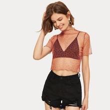 Romwe Polka Dot Print Sheer Tee