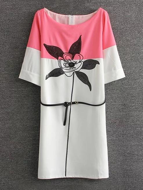 Romwe Multicolor Flower Sequined Dress With Belt