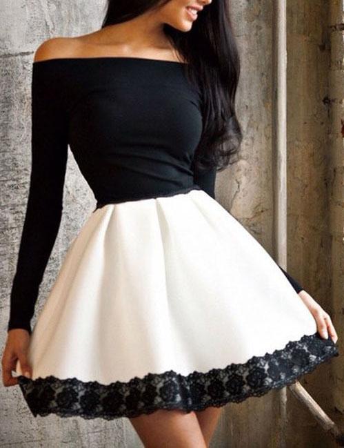 Romwe Contrast Long Sleeve Lace Trim Skater Dress
