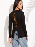 Romwe Black Split Lace Up Long Sleeve T-shirt