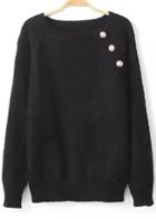 Romwe Buttons Embellished Black Sweater