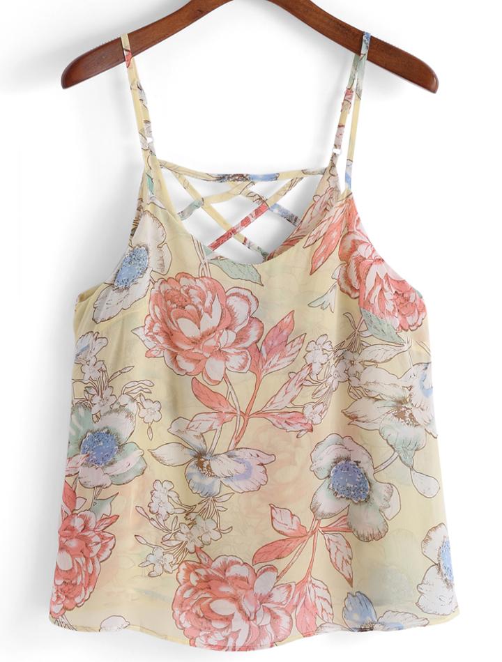 Romwe Spaghetti Strap Florals Chiffon Yellow Cami Top