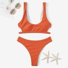 Romwe Cut-out Detail Top With Cheeky Bikini Set