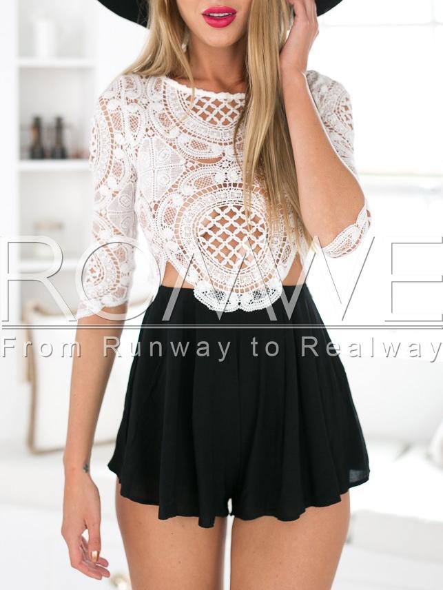 Romwe White Black Half Sleeve Lace Hollow Playsuit