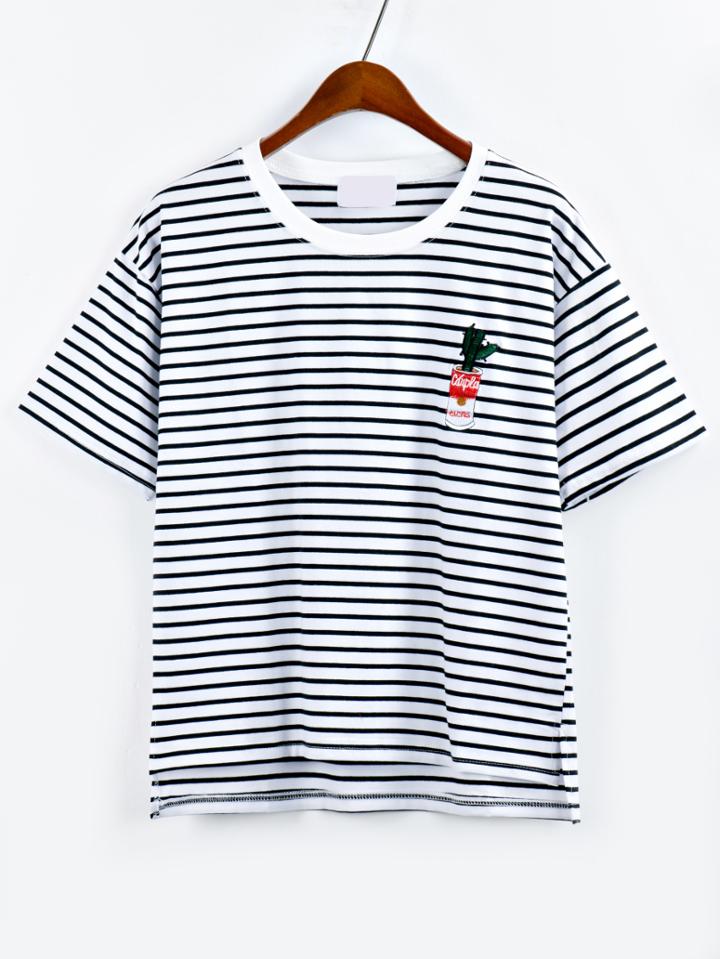 Romwe Cactus Embroidered Striped High-low T-shirt - Black
