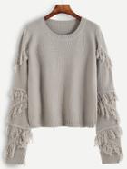 Romwe Grey Fringe Trim Textured Sweater