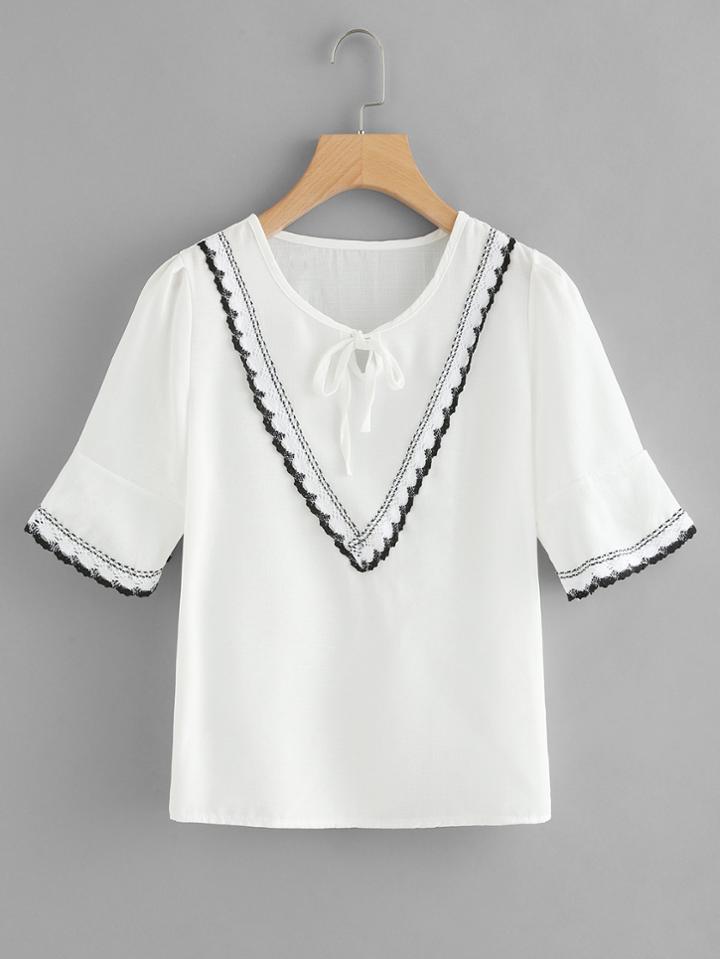 Romwe Contrast Trim Tie Neck Top