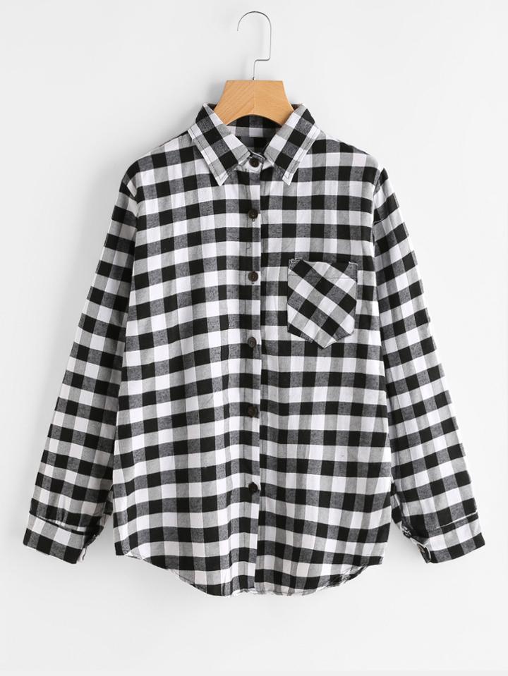 Romwe Gingham Print Curved Hem Shirt With Chest Pocket