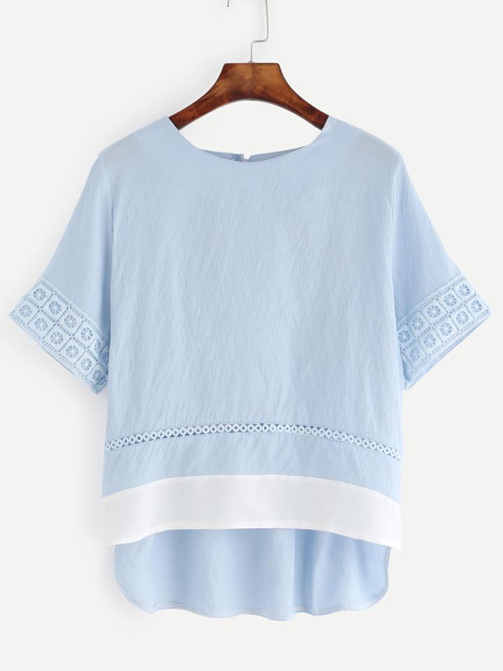 Romwe Blue Crochet Insert Contrast Trim High Low Top