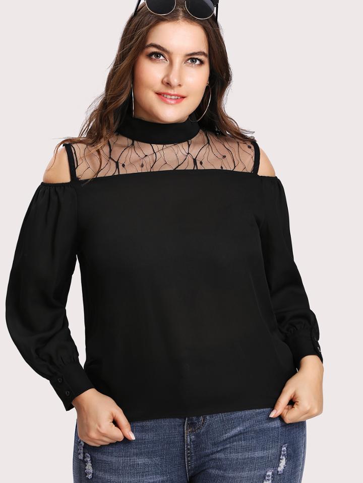 Romwe Mesh Insert Open Shoulder Blouse