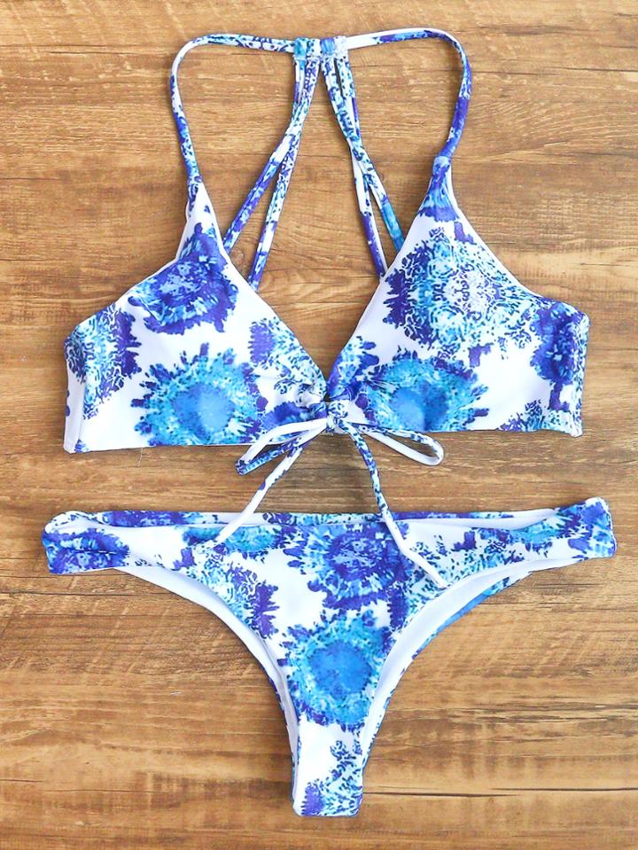 Romwe Blue Print Strappy Back Bikini Set
