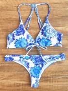 Romwe Blue Print Strappy Back Bikini Set