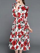 Romwe White Rose Print A-line Dress