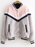 Romwe Color Block Striped Trim Faux Shearling Jacket