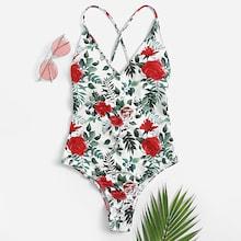 Romwe Random Floral Criss Cross Backless One Piece Swimsuit