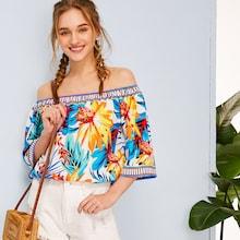 Romwe Tribal Floral Print Off Shoulder Blouse