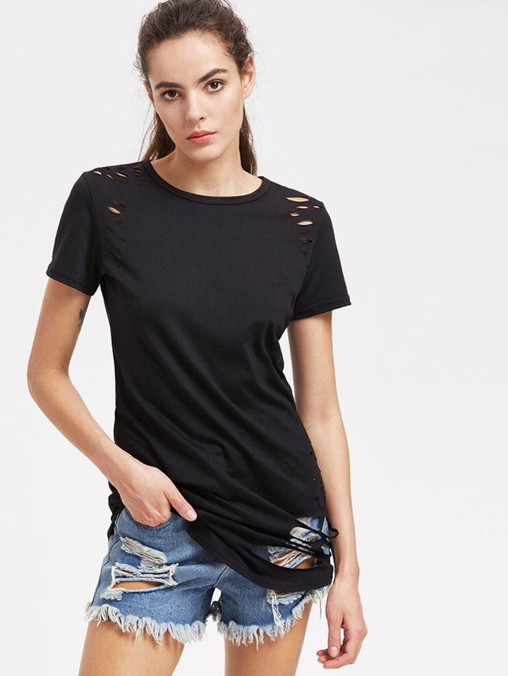 Romwe Destroyed Long Tee