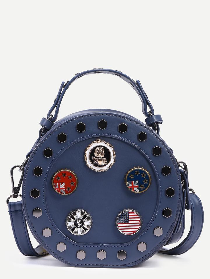 Romwe Blue Metal Charm Studded Round Bag