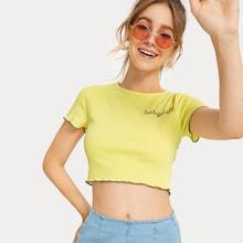 Romwe Letter Embroidery Lettuce Frill Tee