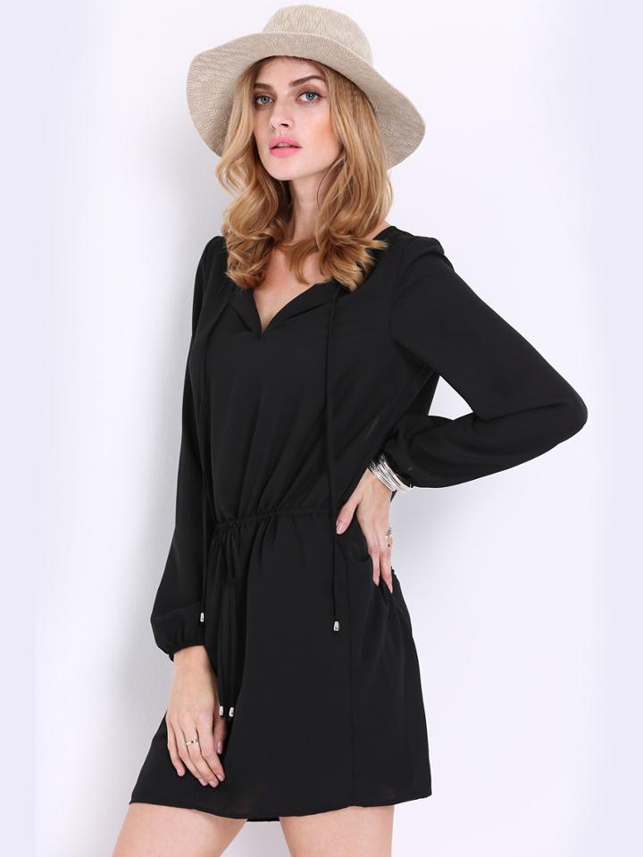 Romwe Black Overalls Long Sleeve V  Neck Dress