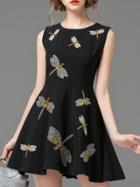 Romwe Black Sleeveless Dragonfly Embroidered A-line Dress