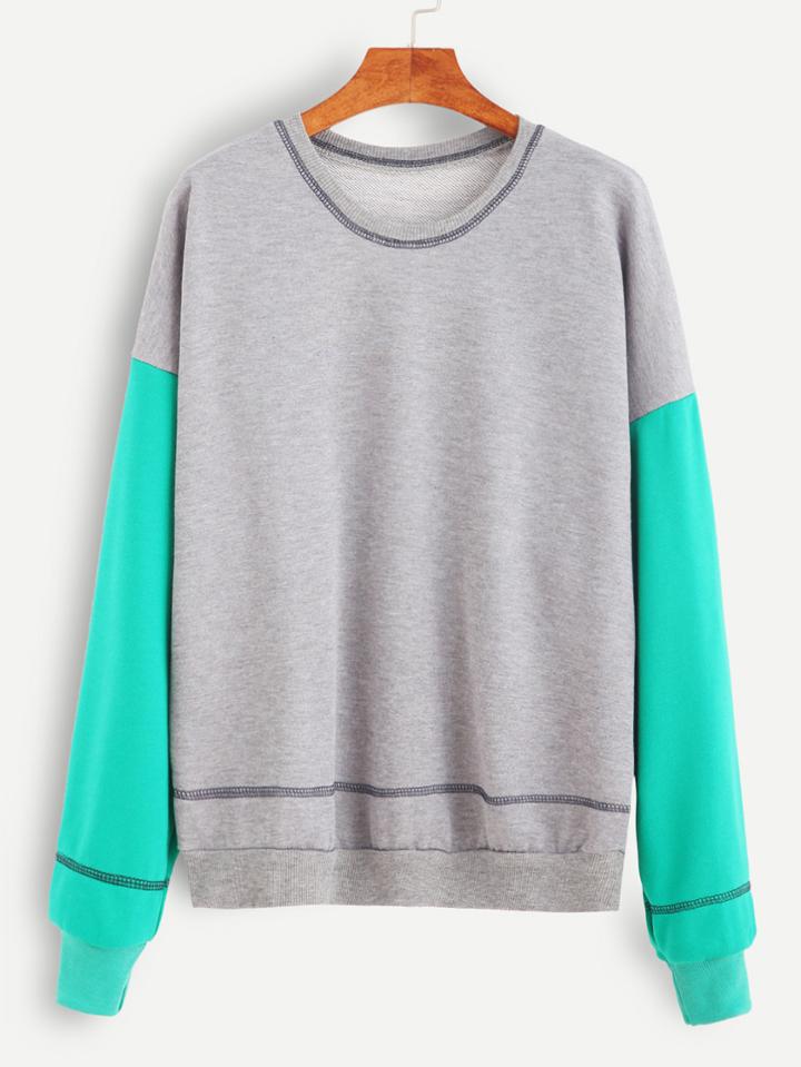 Romwe Drop Shoulder Contrast Sleeve Sweatshirt