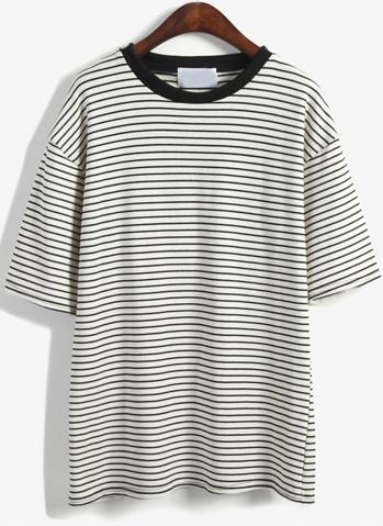Romwe Round Neck Striped Loose White T-shirt