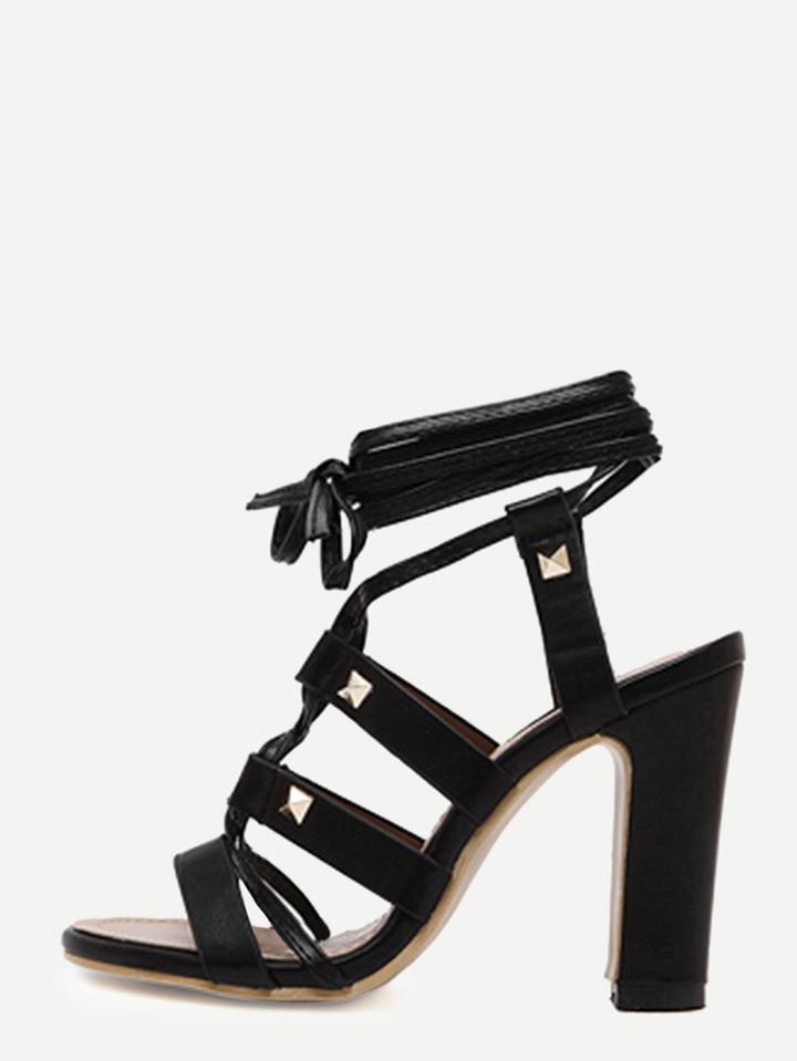 Romwe Black Peep Toe Lace-up Studded Chunky Sandals