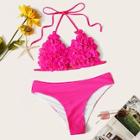 Romwe Neon Pink Flower Applique Triangle Bikini Set
