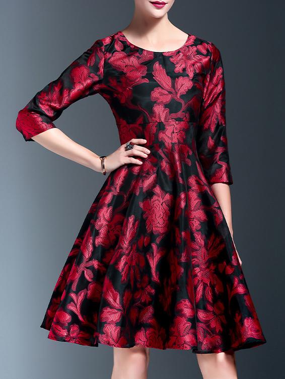 Romwe Red Flowers Print A-line Dress
