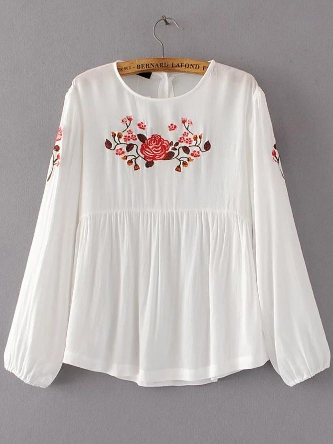 Romwe White Flower Embroidery Long Sleeve Blouse