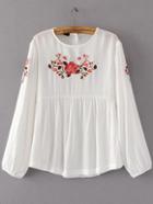 Romwe White Flower Embroidery Long Sleeve Blouse