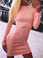 Romwe Long Sleeve Open Back Zipper Bodycon Pink Dress