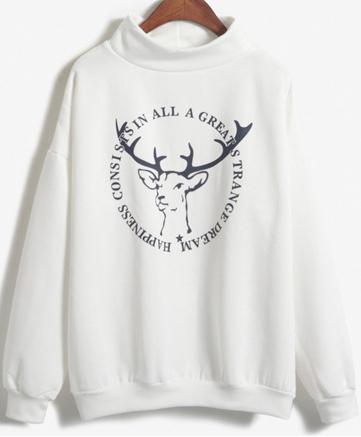 Romwe High Neck Deer Print White Sweatshirt