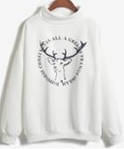 Romwe High Neck Deer Print White Sweatshirt