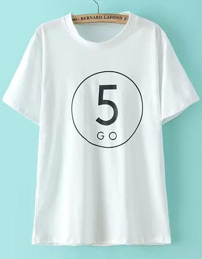 Romwe Round Neck Five Print White T-shirt