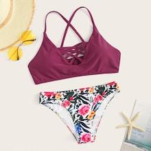 Romwe Lattice Top With Tropicl Print Bikini Set