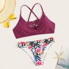 Romwe Lattice Top With Tropicl Print Bikini Set