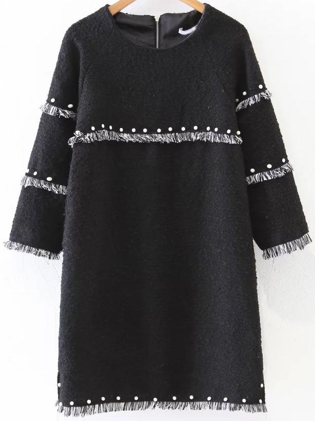 Romwe Black Fringe Trim Beaded Raglan Sleeve Dress