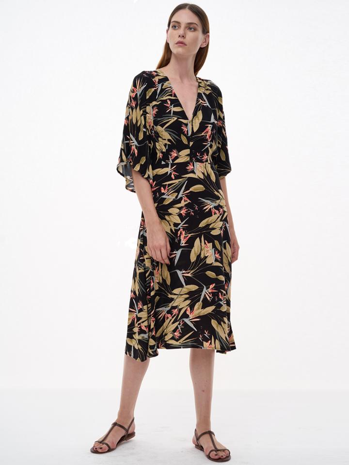 Romwe Black Printed V Neck Elbow Sleeve Dress