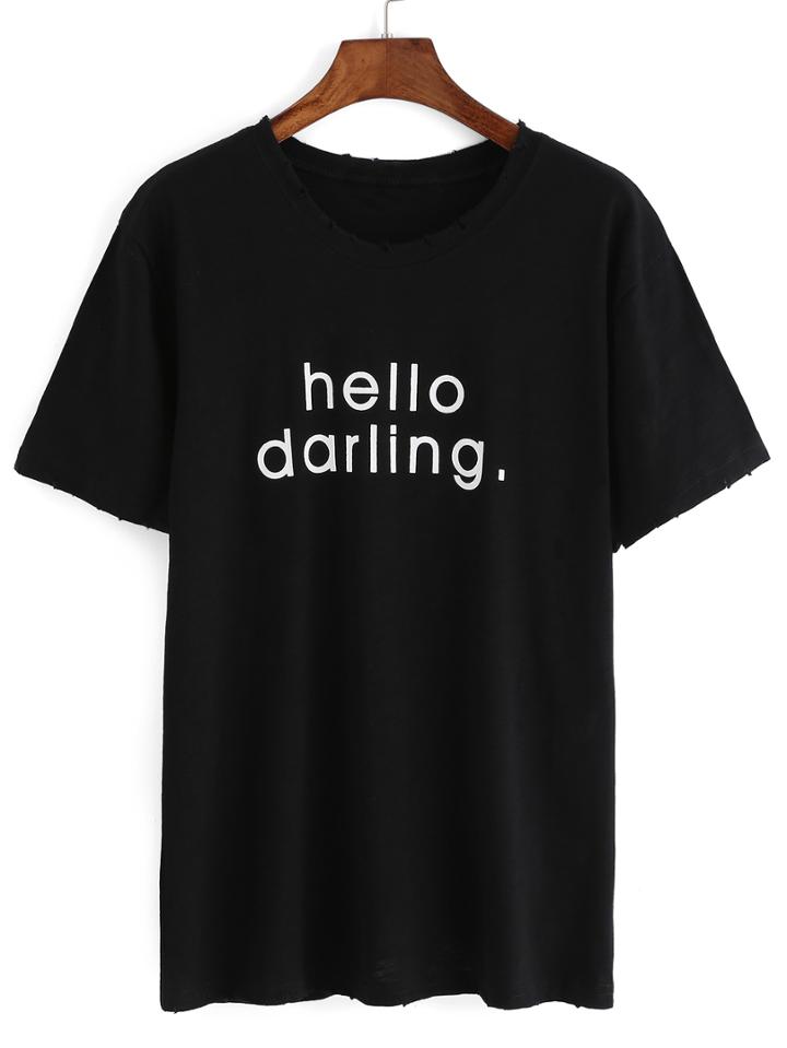 Romwe Ripped Letters Print Black T-shirt