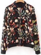 Romwe Black Floral Print Zipper Up Jacket With Pockets