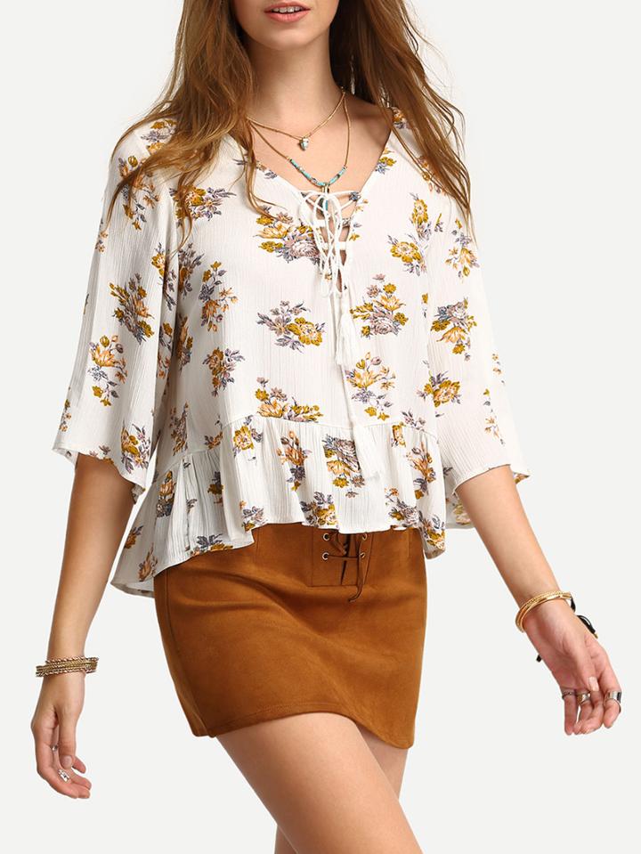 Romwe Floral Print In White Ruffle Hem Blouse