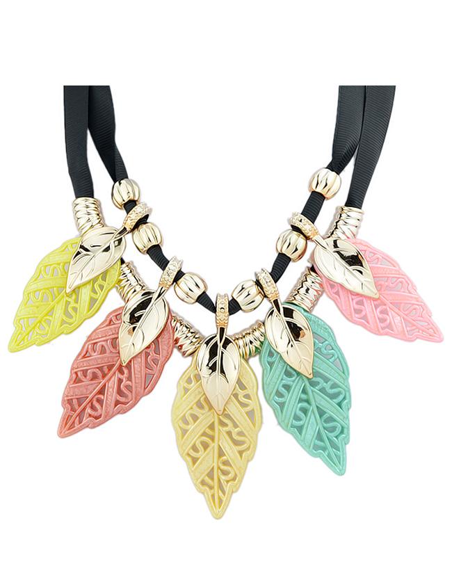 Romwe Popular Shourouk Style Plastic Leaf Shaped Colorful Women Statement Necklace